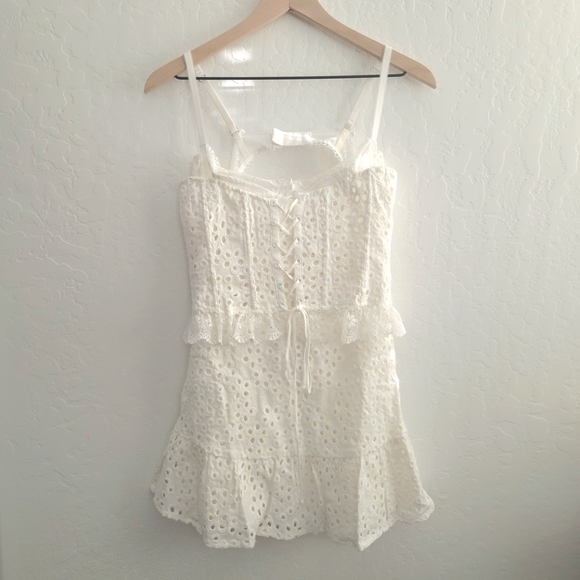 NWT For Love & Lemons Sadie White Lace Eyelet Corset Bustier Ruffle Mini Dress M - Picture 8 of 12
